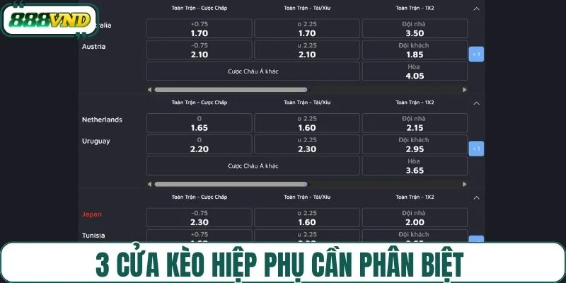 3 cửa kèo hiệp phụ cần phân biệt 
